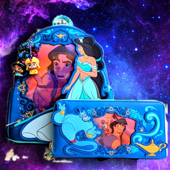 Loungefly Disney and funko Handbags - Loungefly Disney Aladdin Jasmine Lenticular Portrait Mini Backpack,wallet& Charm